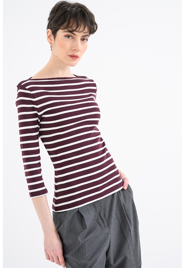 Bluza slim-fit de bumbac cu maneci trei sferturi - Alb/Visiniu