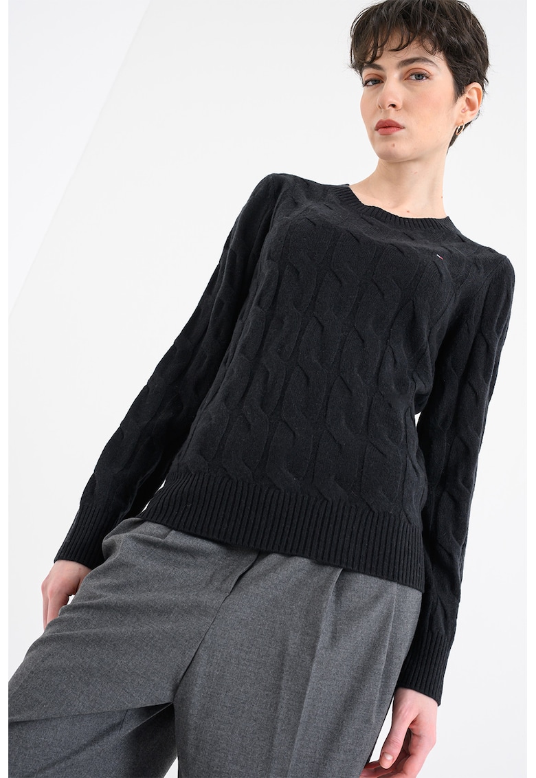 Pulover din lana cu guler rotund si model torsade - Negru