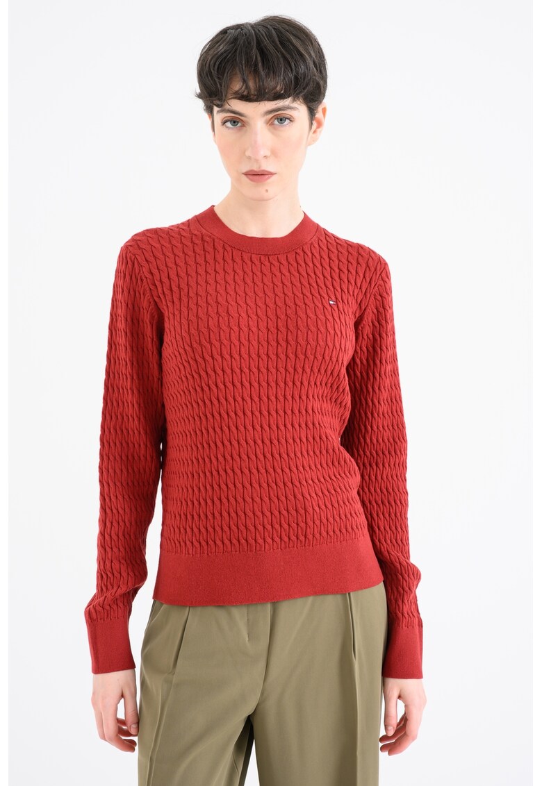 Pulover din bumbac organic cu model torsade - Rosu