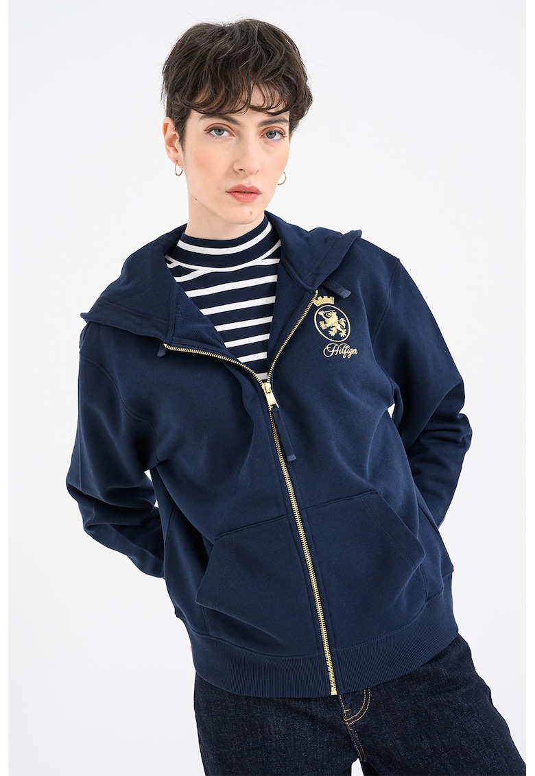 Hanorac cu fermoar si detaliu cu logo pe piept - Bleumarin