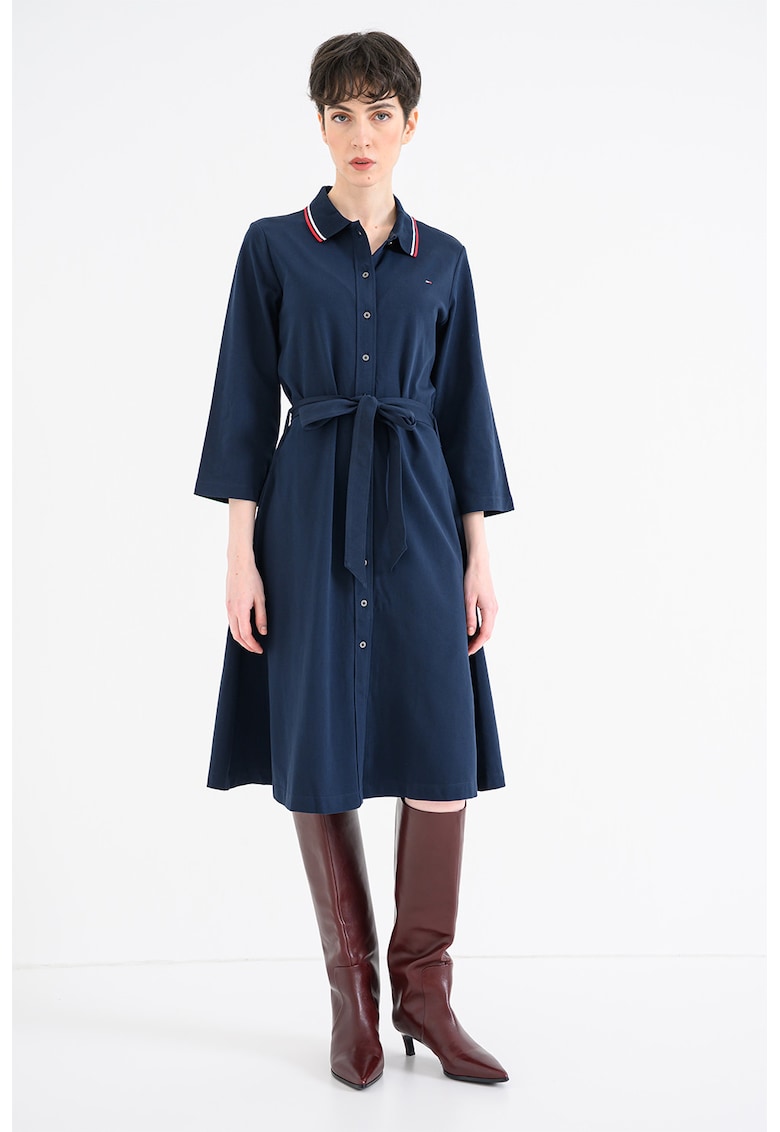 Rochie polo din amestec de bumbac cu maneci trei sferturi - Bleumarin