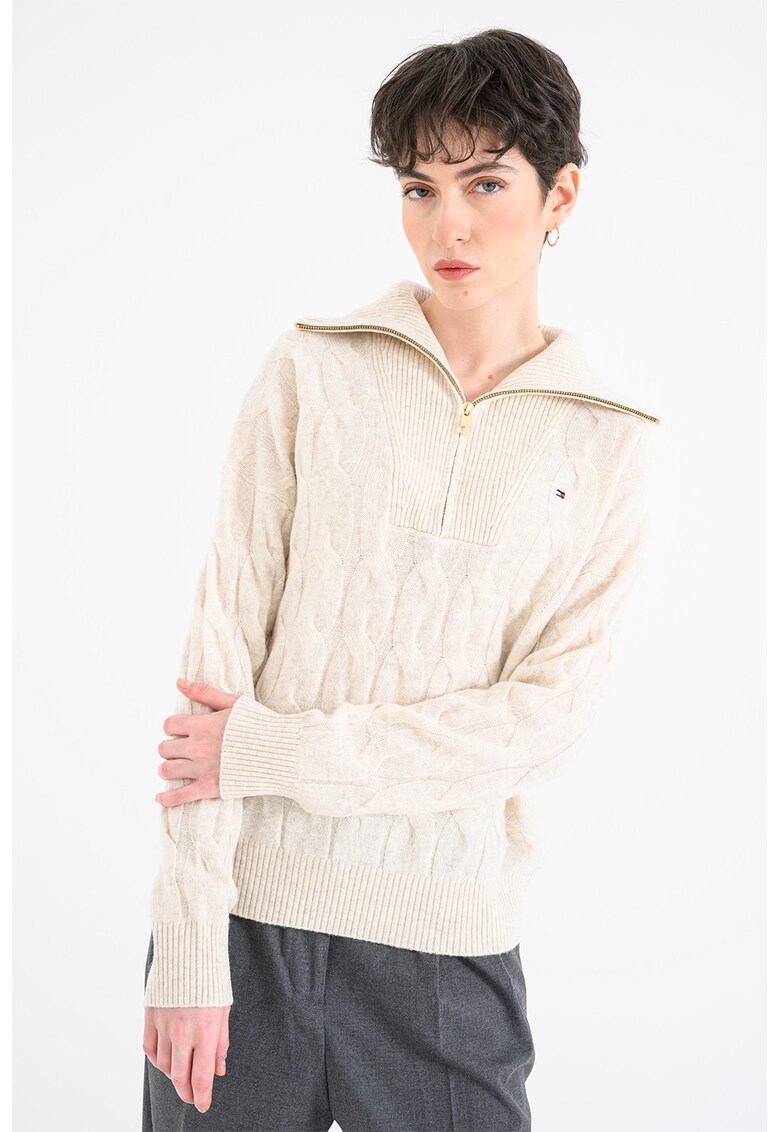 Pulover din lana cu fermoar scurt si model torsade - Crem