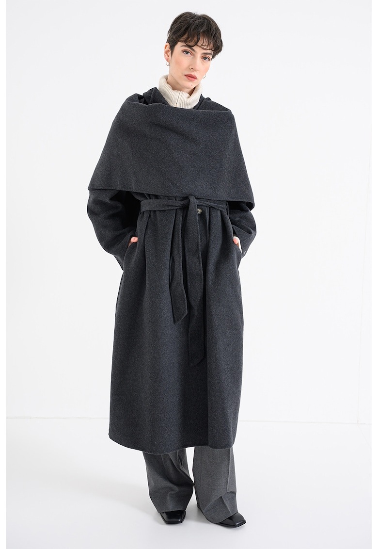 Palton supradimensionat din lana cu fular detasabil - Gri inchis