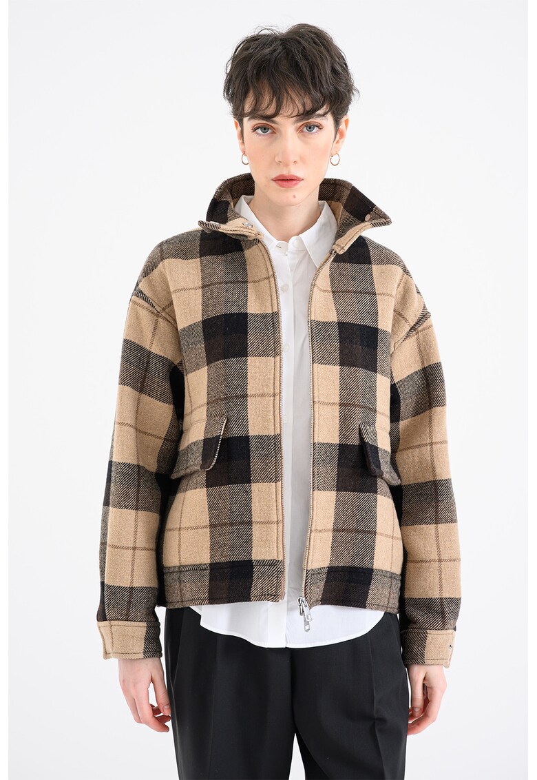 Jacheta din amestec de lana cu model in carouri si buzunare cu clapa - Maro taupe/Maro inchis
