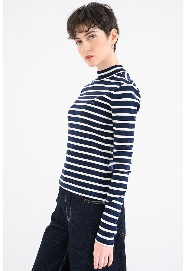 Bluza slim fit cu decolteu la baza gatului - Alb/Bleumarin