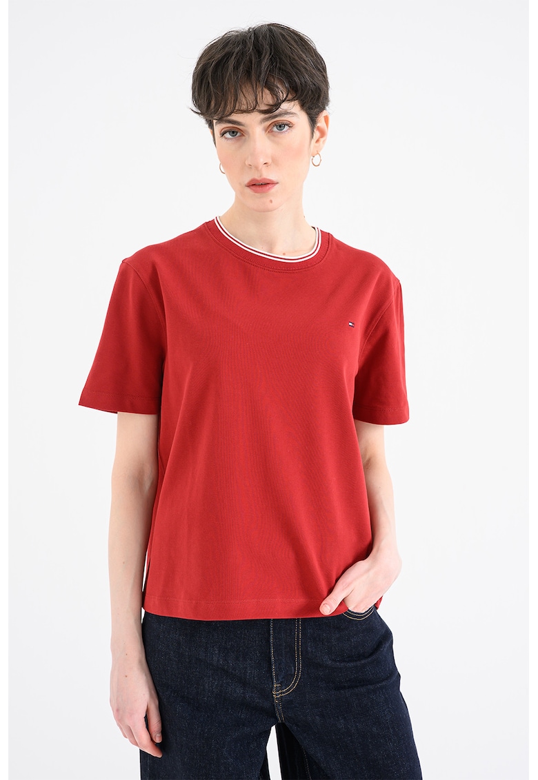 Tricou din amestec de bumbac pique cu decolteu la baza gatului - Rosu