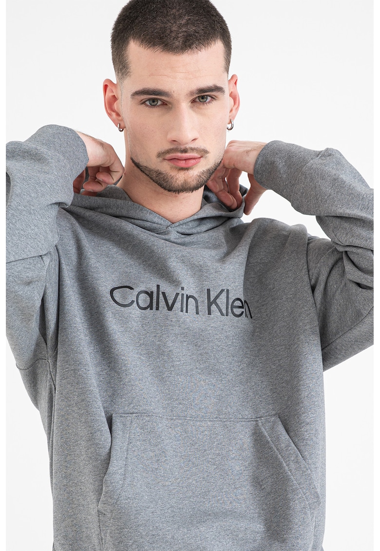 Hanorac cu imprimeu logo si buzunar kangaroo - Gri melange