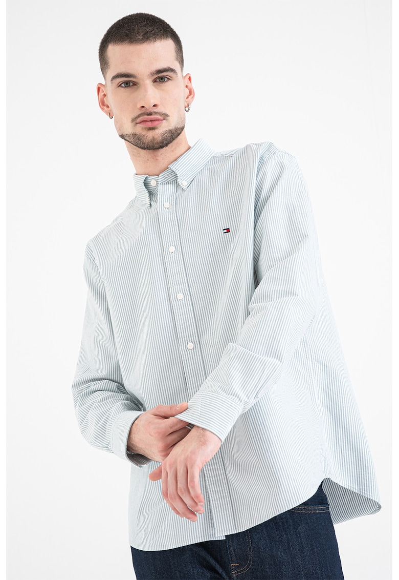 Camasa Oxford regular fit cu model in dungi - Verde pal
