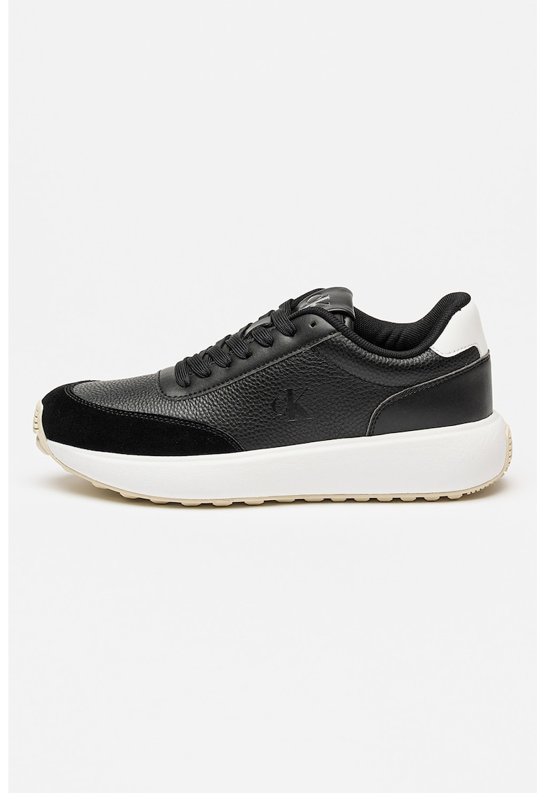 Pantofi sport din piele si piele ecologica cu detaliu monograma - Negru