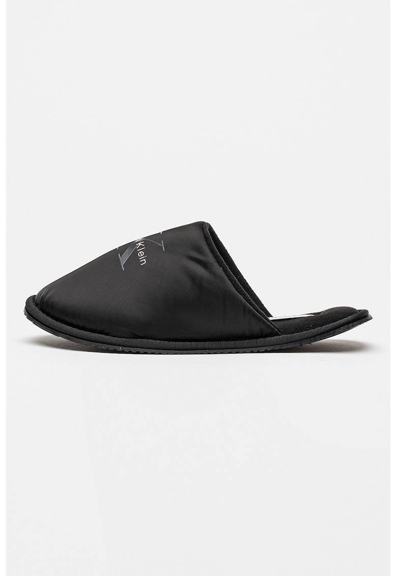 Papuci de casa din piele ecologica cu imprimeu logo - Negru