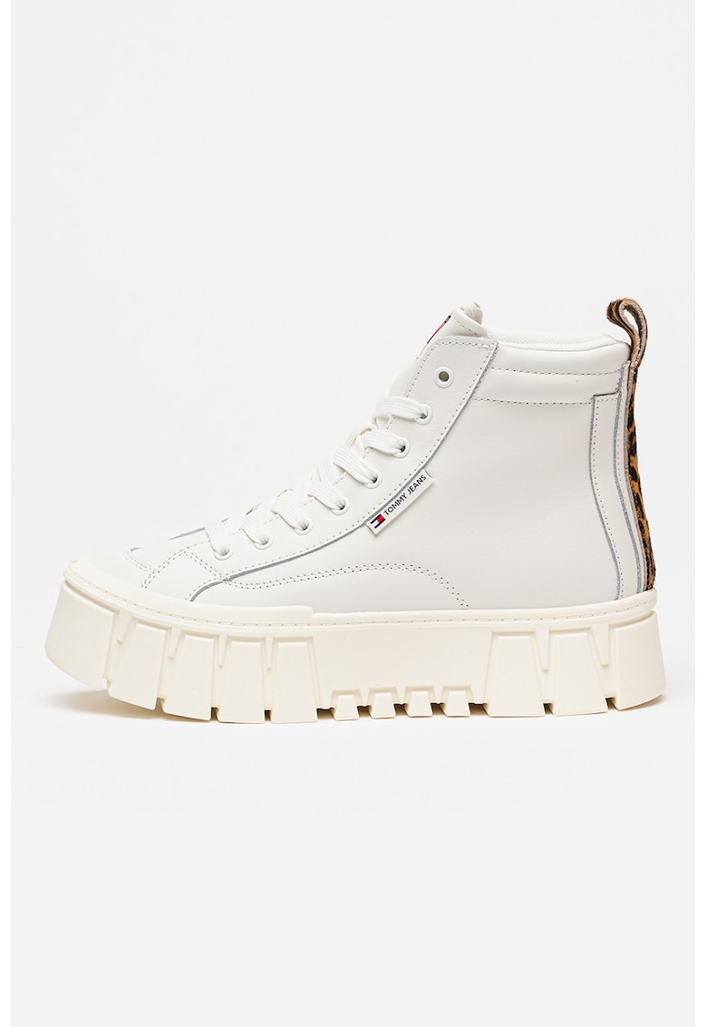 Pantofi sport din piele cu platforma si detaliu cu model animal print - Alb fildes