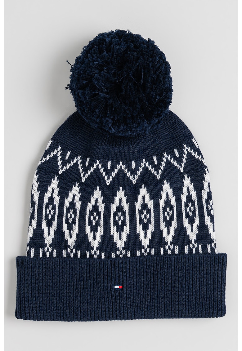 Caciula cu tematica de iarna si ciucure - Alb/Bleumarin