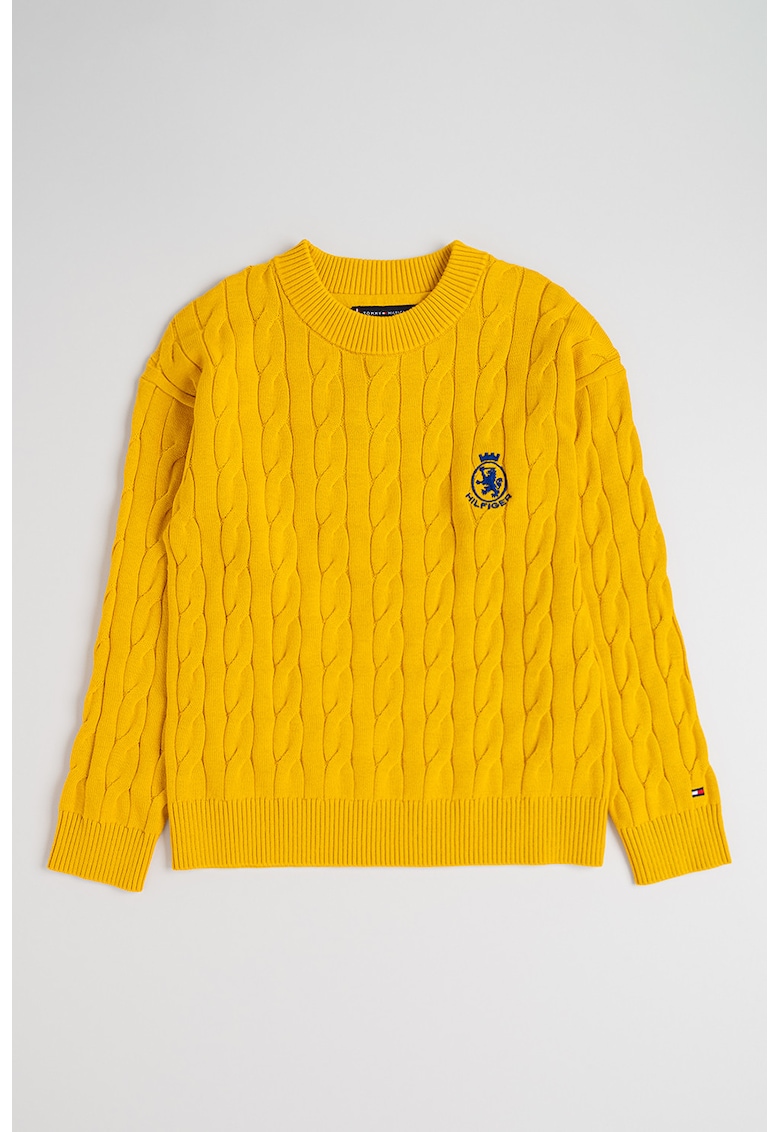 Pulover cu decolteu la baza gatului si broderie logo - Galben pai