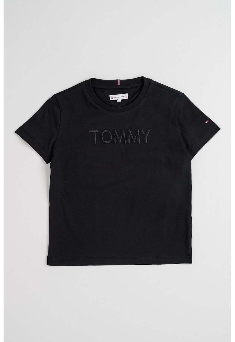 Tricou cu decolteu la baza gatului si broderie logo - Negru