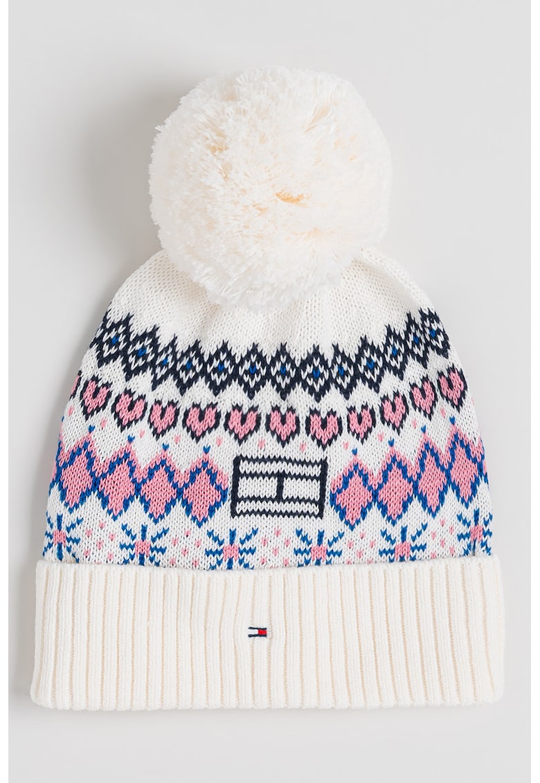 Caciula cu tematica de iarna si ciucure - Albastru/Alb murdar/Roz