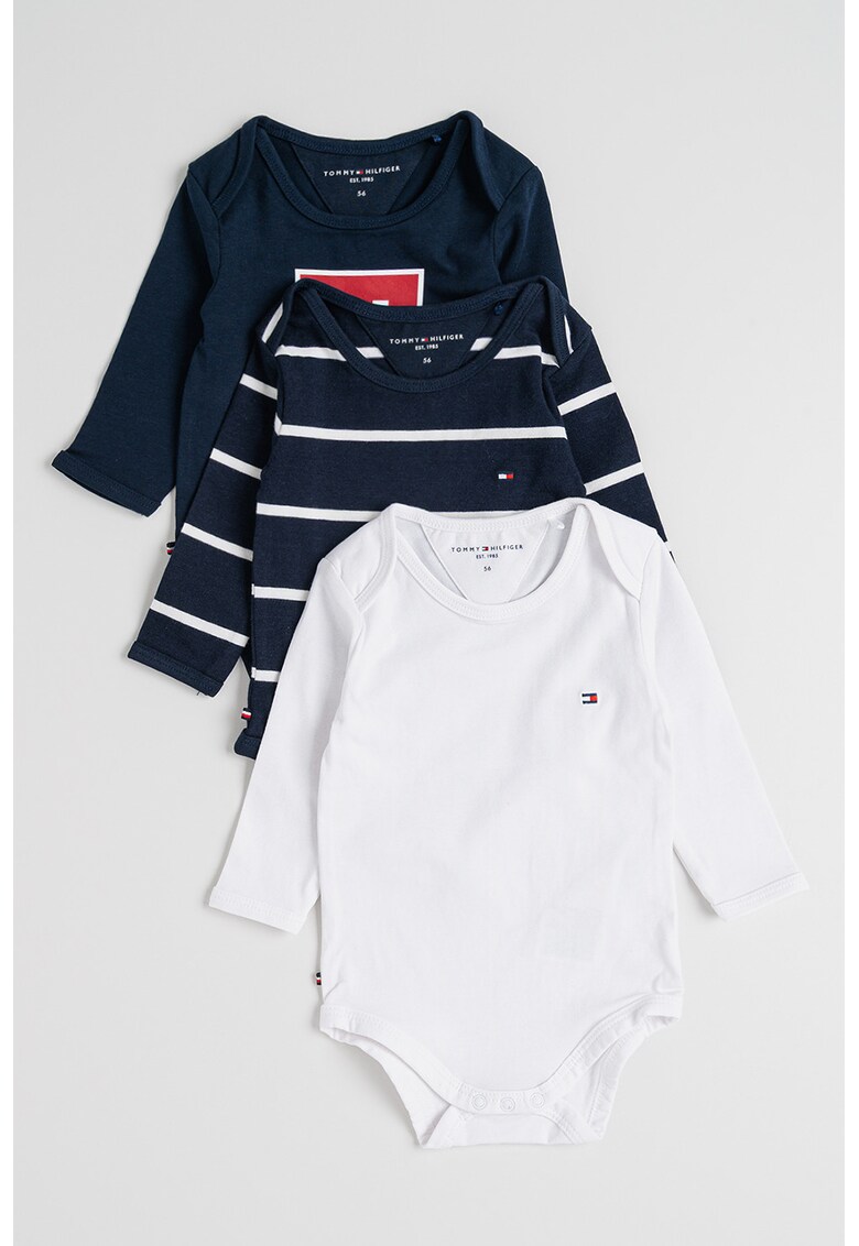 Set de body-uri cu maneci lungi si logo brodat - 3 piese - Rosu/Alb/Bleumarin