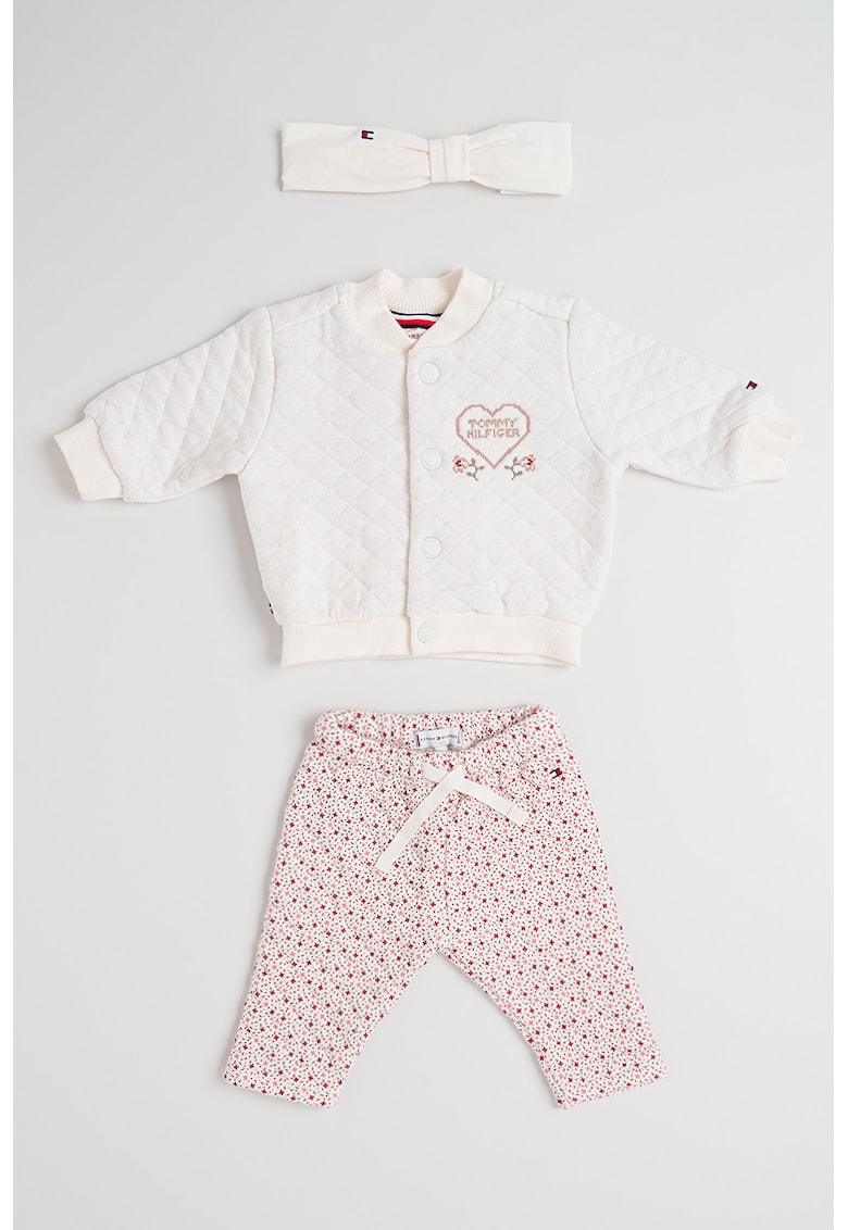 Set de imbracaminte din amestec de bumbac organic cu broderie - 3 piese - Alb/Verde/Roz