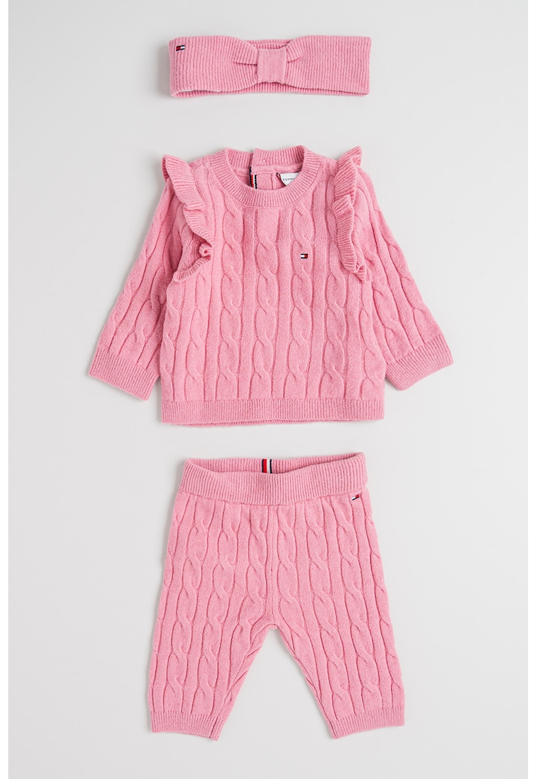 Set de imbracaminte cu model torsade si detaliu cu volan - 3 piese - Roz