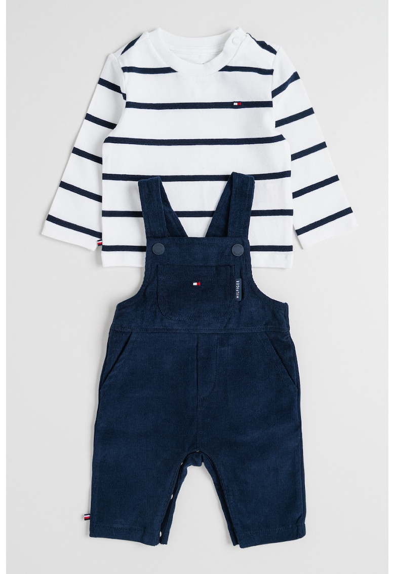 Set de salopeta si bluza din bumbac si reiat - Alb/Bleumarin