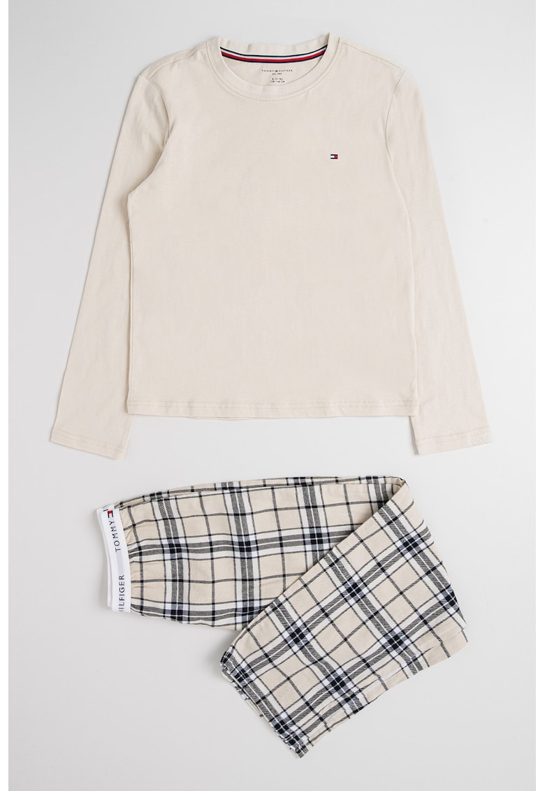 Pijama din bumbac cu pantaloni in carouri - Alb fildes/Negru