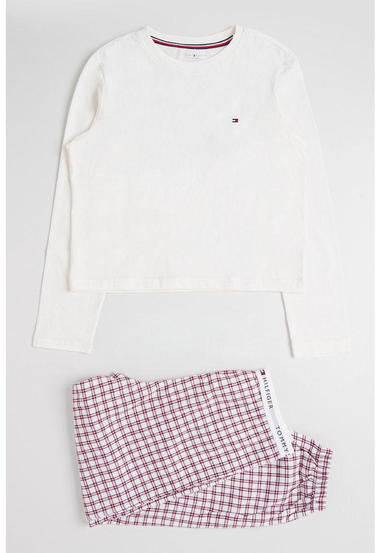 Pijama din bumbac cu pantaloni cu model in carouri - Alb/Visiniu