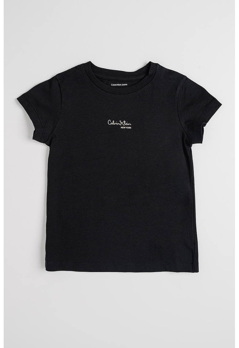 Tricou cu decolteu la baza gatului si imprimeu logo - Negru