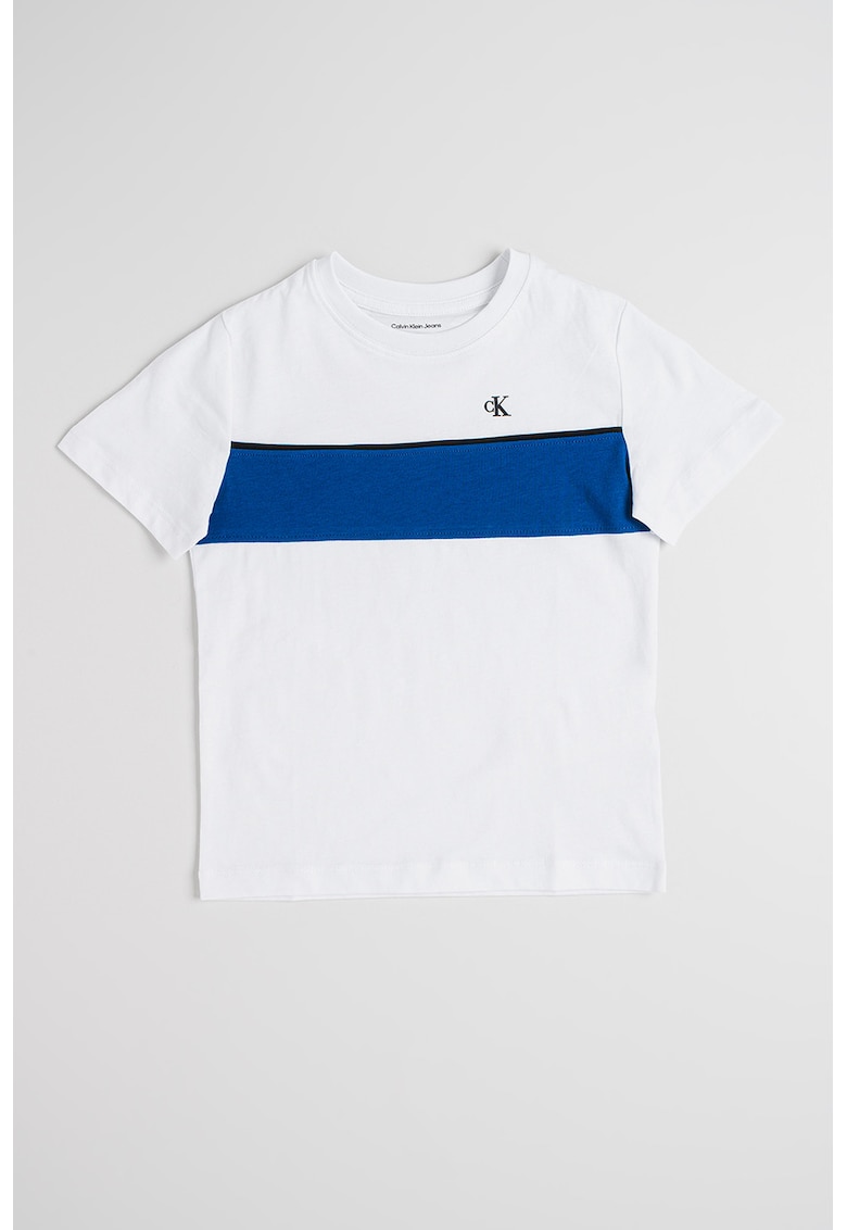 Tricou de bumbac cu decolteu la baza gatului - Alb/Albastru royal