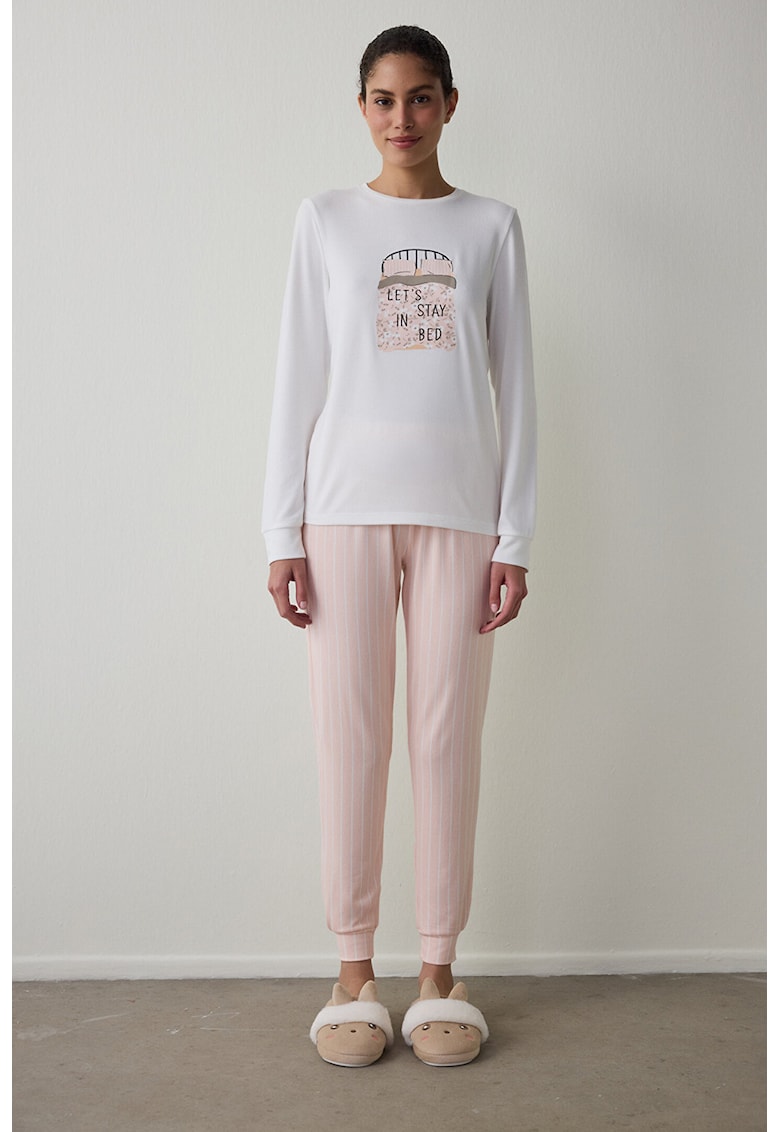 Pijama cu maneci lungi si model - Alb/Roz pal/Negru