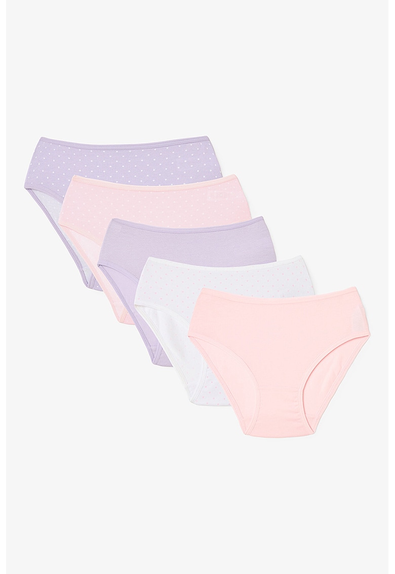 Set de chiloti din amestec de bumbac cu buline - 5 perechi - Alb/Lila/Roz pal