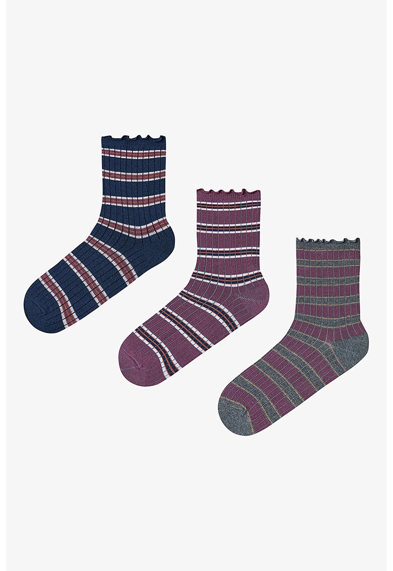 Set de sosete din amestec de bumbac cu dungi - 3 Perechi - Violet prafuit/Gri inchis/Bleumarin