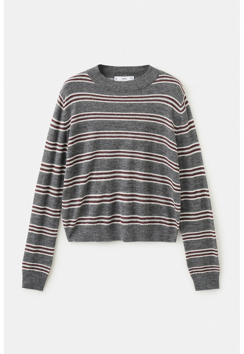 Pulover cu decolteu la baza gatului si dungi - Alb/Visiniu/Gri inchis melange