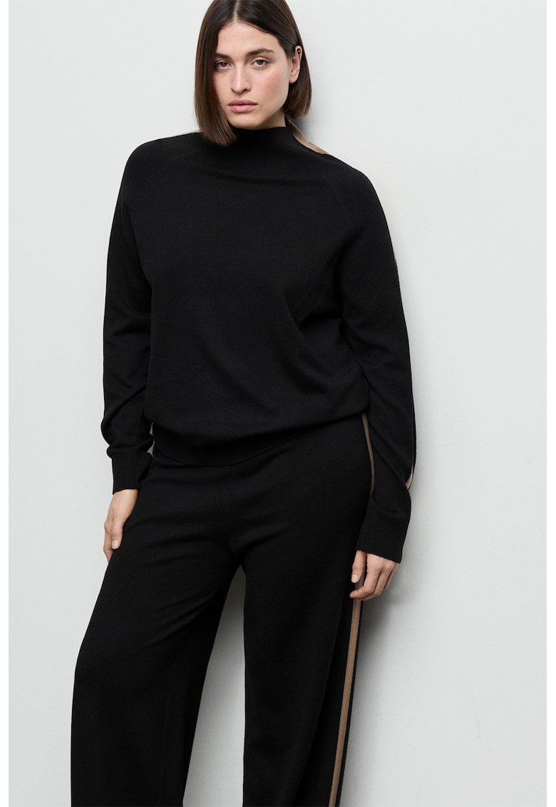 Pantaloni drepti din amestec de lana cu segmente laterale contrastante - Negru/Maro camel