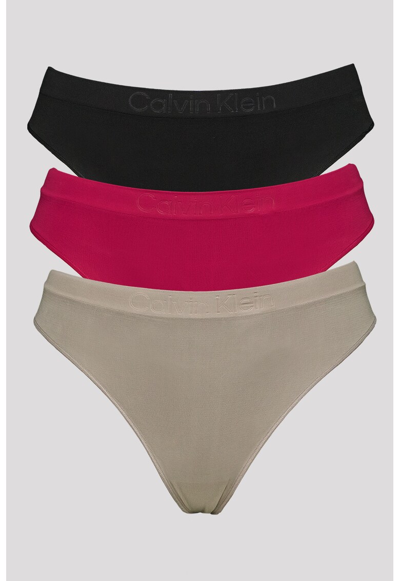 Set de chiloti tanga cu logo - 3 perechi - Negru/Roz zmeuriu/Grej