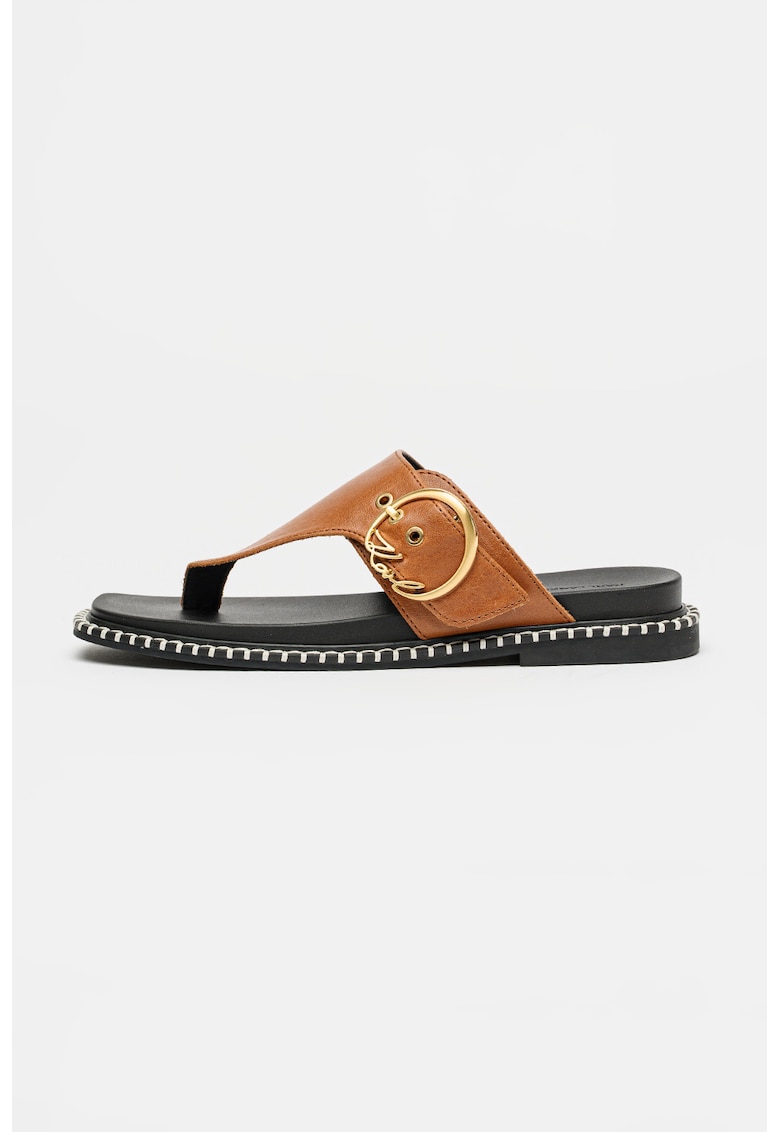 Papuci flip-flop de piele cu catarama Kleo - Caramel