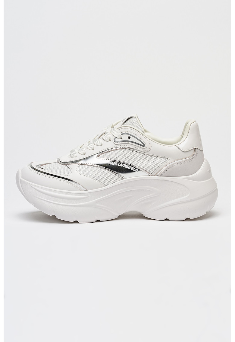 Pantofi sport din piele si plasa Kontour - Alb optic/Argintiu