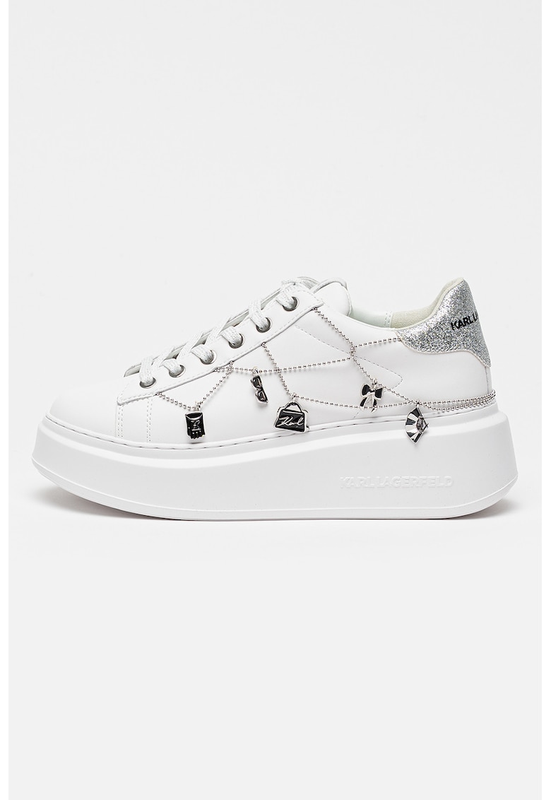 Pantofi sport din piele cu talpa flatform - detaliu stralucitor si aplicatie din lant - Alb/Argintiu