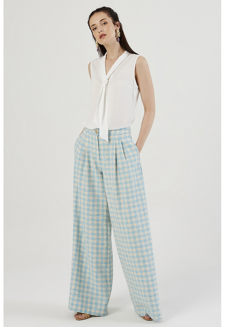 Pantaloni cu croiala ampla si talie inalta - Alb fildes/Turcoaz