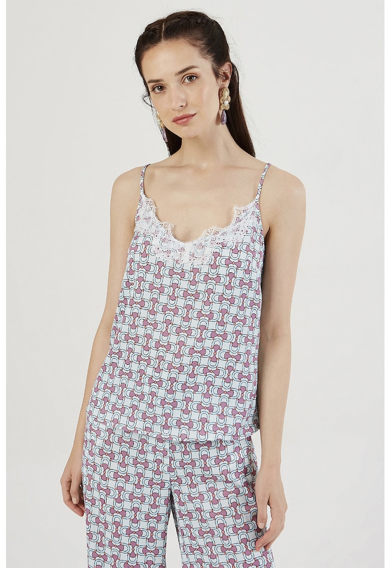 Top cu garnitura cu dantela si model - Roz fandango/Albastru deschis