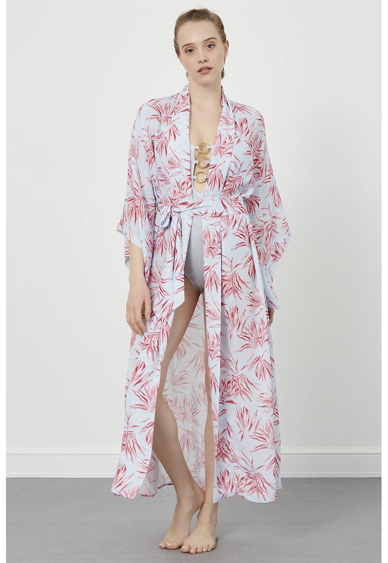 Kimono lung cu model floral - Rosu stins/Albastru deschis
