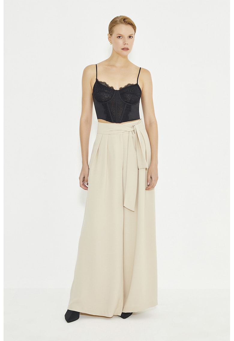 Pantaloni cu croiala ampla si cordon asortat in talie - Bej