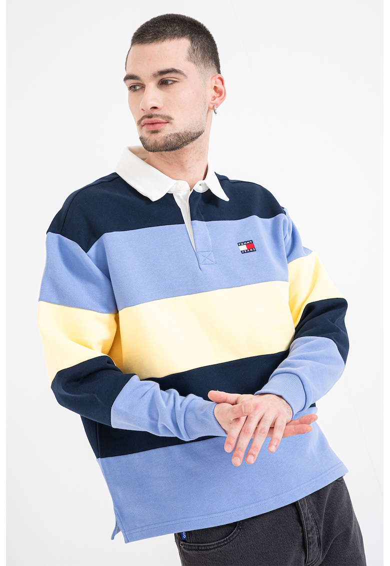 Bluza de trening polo cu dungi - Galben pai/Albastru