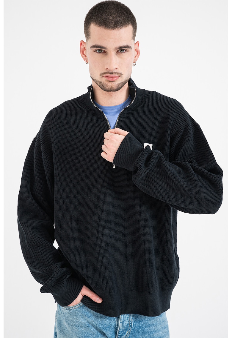 Pulover din tricot cu fenta cu fermoar - Negru