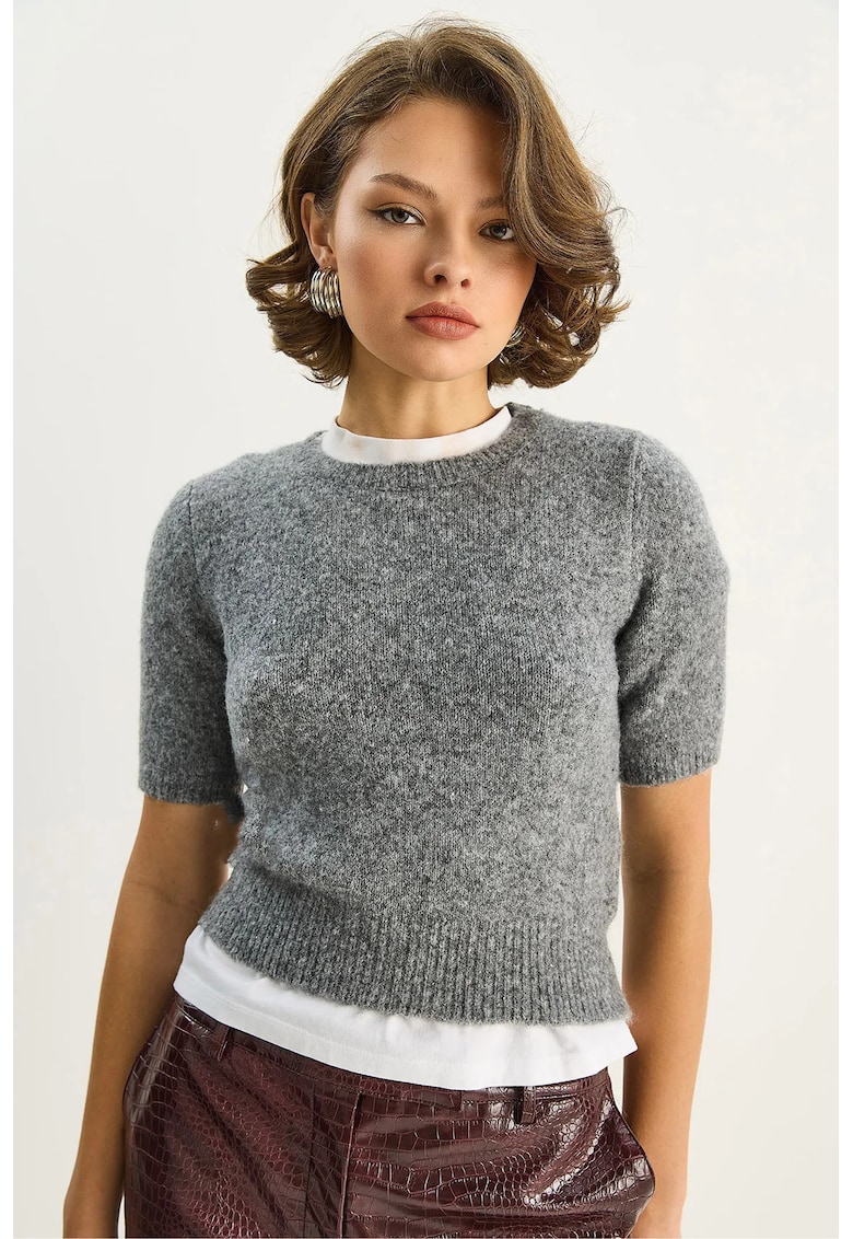Pulover tricotat maneca scurta - guler rotund - gri - tricot -