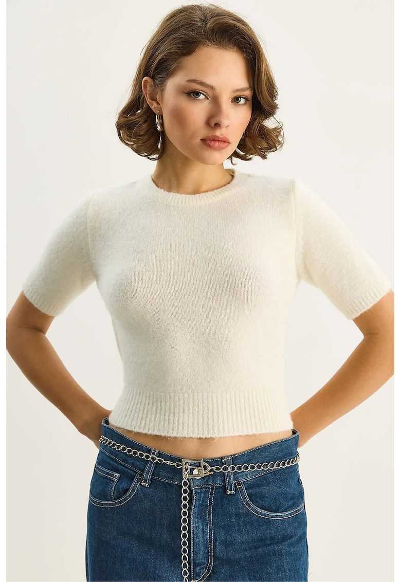 Pulover dama - tricotat - maneca scurta - decolteu rotund - alb - One Size