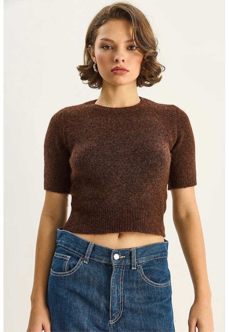 Pulover dama - tricotat - maneca scurta - maro - tricot -