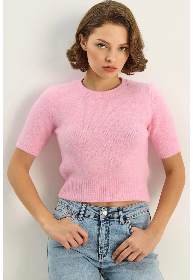 Pulover dama - tricotat - maneca scurta - roz - guler la baza gatului -