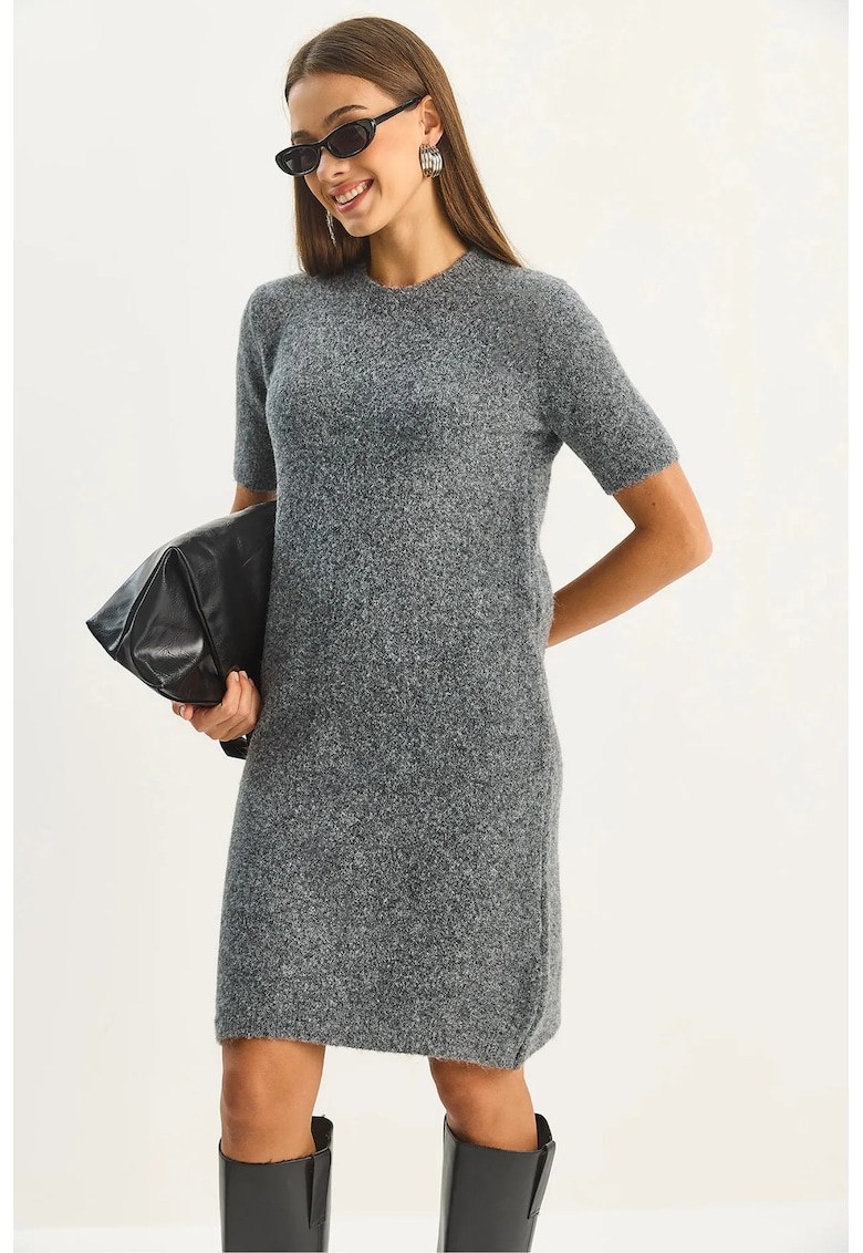 Rochie midi - tricotata - gri - cu guler la baza gatului -