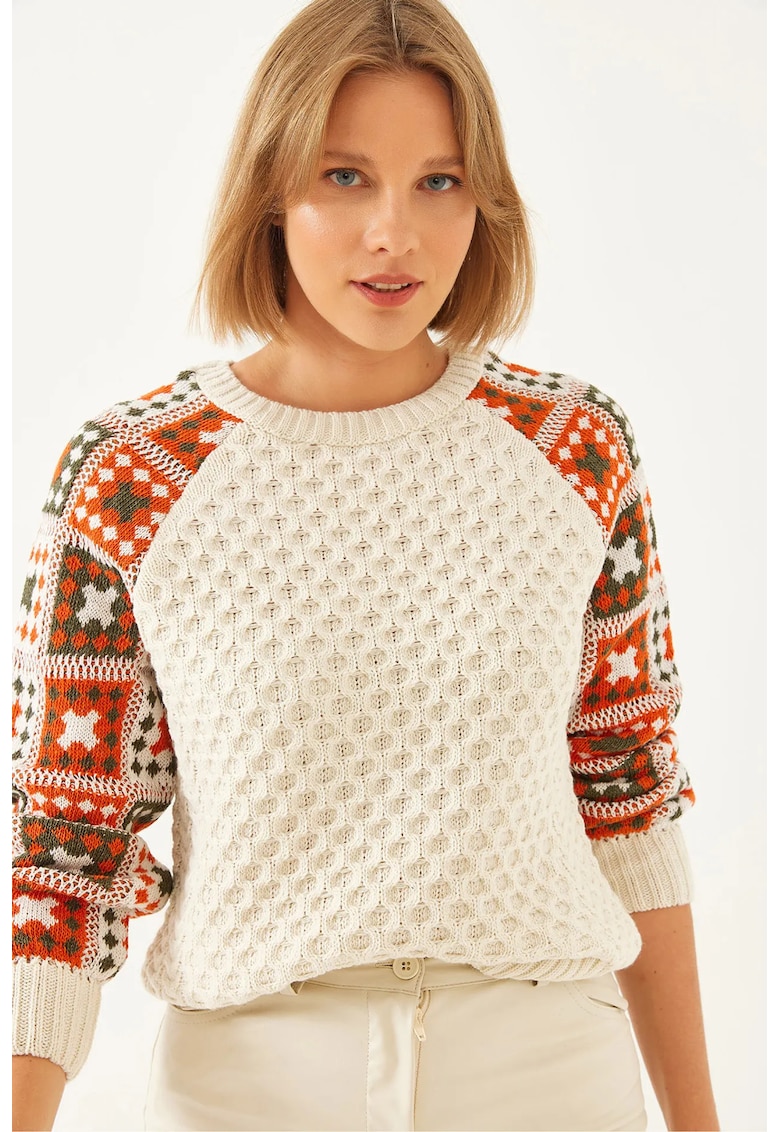 Pulover tricotat cu guler rotund - texturat - bej - acril - One Size