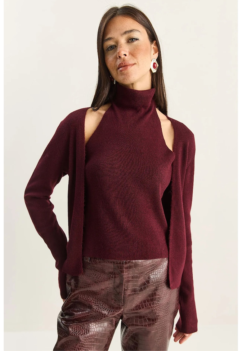 Bluza dama - cu guler si decupaje - rosu visiniu - tricot -