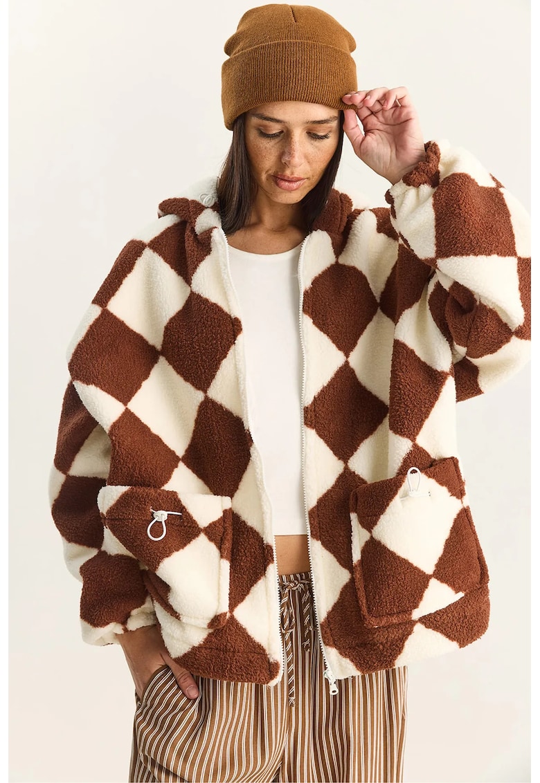 Geaca supradimensionata din plus textil - crem/maro - One Size